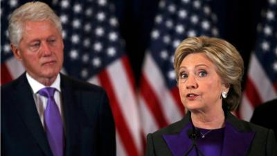 Hillary Clinton addresses her staff and supporters