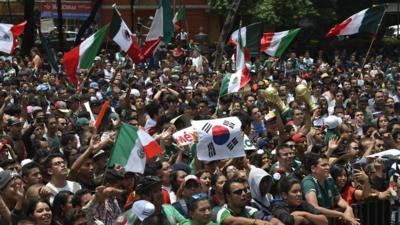 Ecstatic Mexico fans wave the flag of South Korea