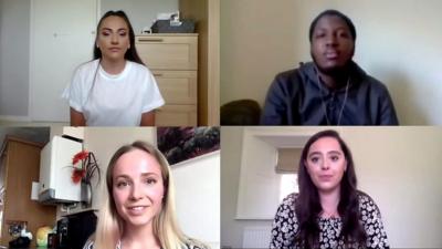 Four young people talknig about pandemic