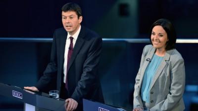 The contenders for the Scottish Labour leadership Kezia Dugdale and Ken Macintosh appear on the BBC Scotland 2015 debate program