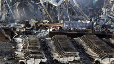 Destroyed warehouses and cars in Tianjin