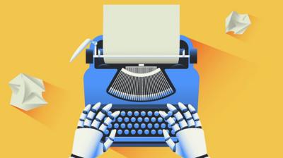 robot hands resting on the keys of a typewriter