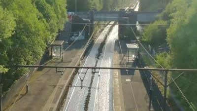 Flooded railway in Manchester