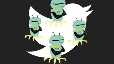 Illustration shows a representation of bots layered over the Twitter logo.