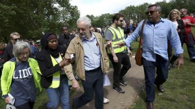 Jeremy Corbyn surrounded by media