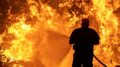 Firefighter tackling a wildfire on Evia, Greece, 8 August 2021