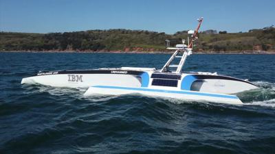 The autonomous Mayflower 400 sailing in water near Plymouth