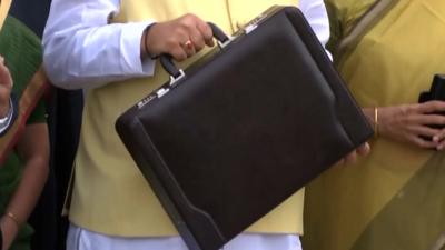 India's Finance Minister Arun Jaitley holding the budget briefcase