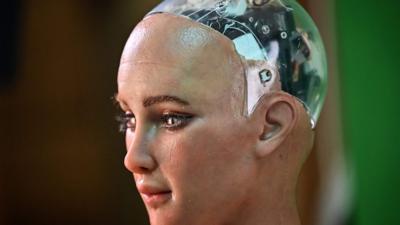 A close-up of a human-like robot called Sophia