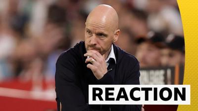 Ten Hag looks on as Manchester United are beaten by Sevilla