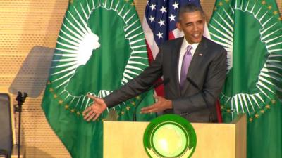 President Barak Obama addressing the leadership of the African Union.