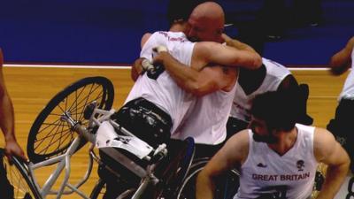 Great Britain's men's wheelchair basketball team celebrate winning European Championship gold