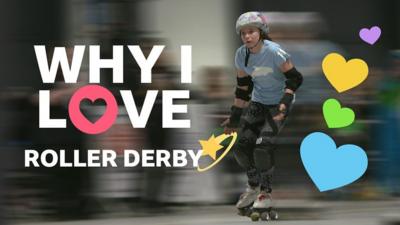 Marnie the junior roller derby player skating on track.