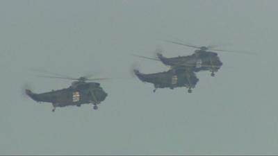 Sea King helicopters leaving RNAS Yeovilton in Somerset where they have been based