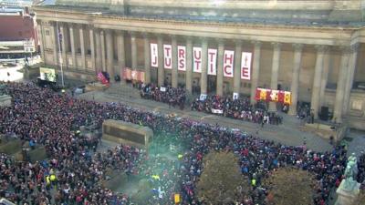 Thousands attend a vigil in Liverpool to remember the 96 people who died in the 1989 Hillsborough disaster