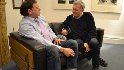 Paddy O'Connell, presenter of BBC Radio Four's Broadcasting House, interviewing Tony Blackburn
