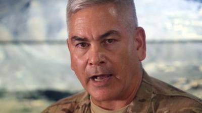 Gen John Campbell, the commander of international and US forces in Afghanistan, discusses the Kunduz hospital attack in Kabul (25 November 2015)