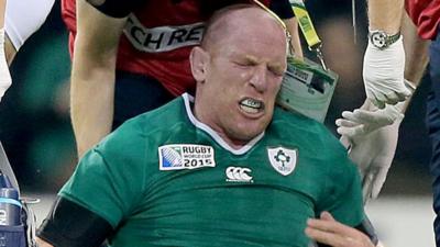 Paul O'Connell is in obvious pain after being injured in Sunday's World Cup game against France