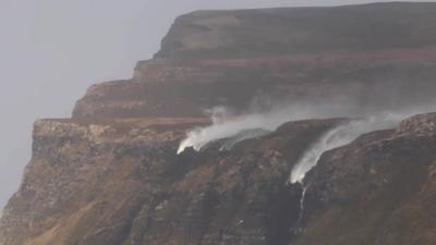 Gale force winds on the Isle of Mull caused waterfalls to flow upside down