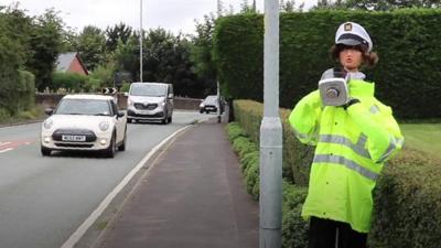 scarecrow with speed camera prop by road