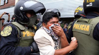 A protester in Lima, Peru.