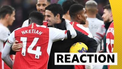 Arsenal boss Mikel Arteta hugs hat-trick hero Eddie Nketiah