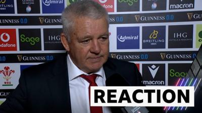 Warren Gatland reacts to Wales' defeat against Italy in the Six Nations 2024.