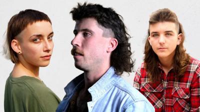 A woman and two men with mullet hairstyles