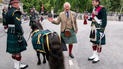 The King was welcomed by the Royal Regiment of Scotland and their mascot – a Shetland Pony.