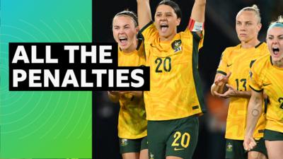 Australia's Sam Kerr celebrates winning the penalty shoot-out against France at the Women's World Cup