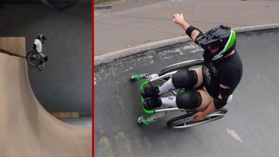 Man in wheelchair performing WCMX tricks