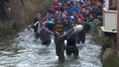 Players of Shrovetide football match