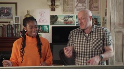 Harry Potter illustrator Jonny Duddle shows Shanequa how to draw Dobby.