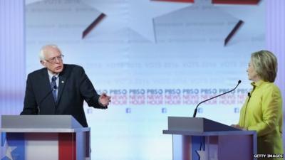 US Democratic presidential candidates Hillary Clinton and Bernie Sanders greet the audience