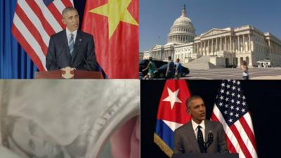 a collection of images showing President Obama in Cuba, in Vietnam, US Congress and a hundred dollar bill