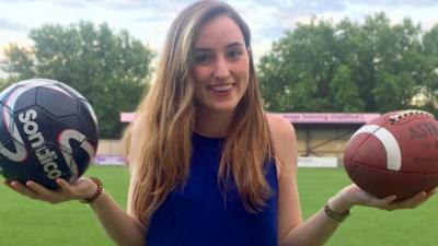 Marianna Brady holding football and American football