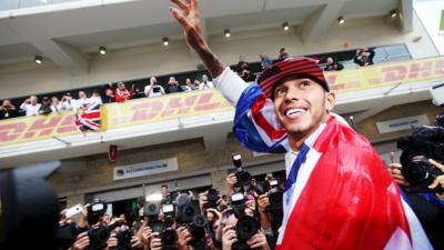 Lewis Hamilton celebrates winning the United States Grand Prix 2015 in Austin, Texas