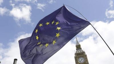 A European Union flag is held in front of the Big Ben clock tower