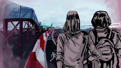 An animation of the two women and the airport image that they tweeted