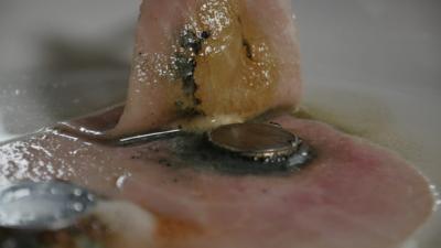 button battery on a piece of ham