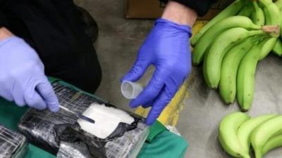 Polish police officers inspecting white powder found in a box of bananas