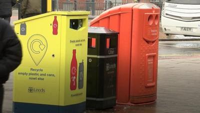 Recycling bins in Leeds city centre