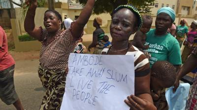 Residents in the Nigerian city of Lagos protest after a fire left thousands homeless.