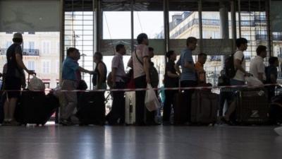 Queue of people at Eurostar terminal