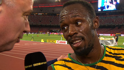 Usain Bolt speaks to the BBC after his 200m victory at the World Championships