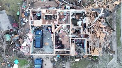 Aerial view of a destroyed house in Texas