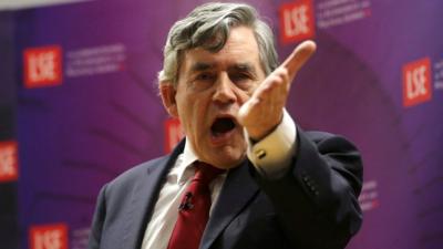 Former British Prime Minister Gordon Brown delivers a speech at the London School of Economics