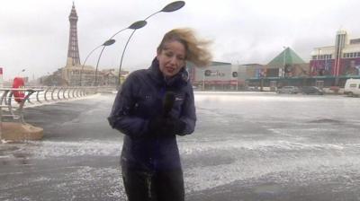 BBC reporter Alison Freeman is hit by wind and rain in Blackpool as she reports on Storm Doris.