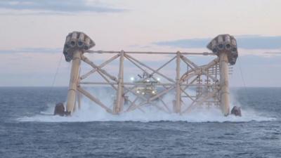 Steel jacket being lowered into the North Sea