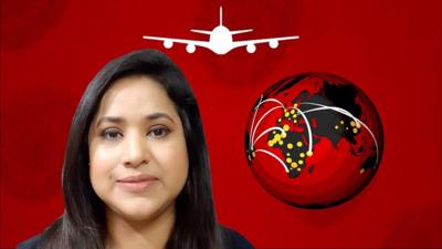 Payal Bhuyan in front of a graphic with a plane and a globe